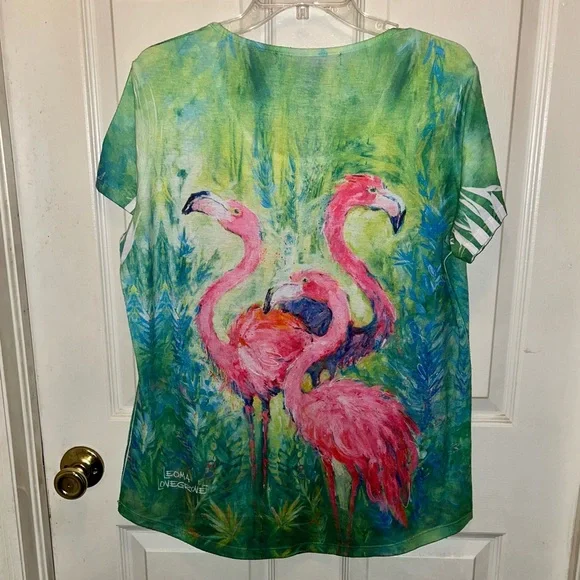 LEOMA LOVEGROVE Women’s Short Sleeve Flamingo Top. Sz L. - Picture 2 of 3